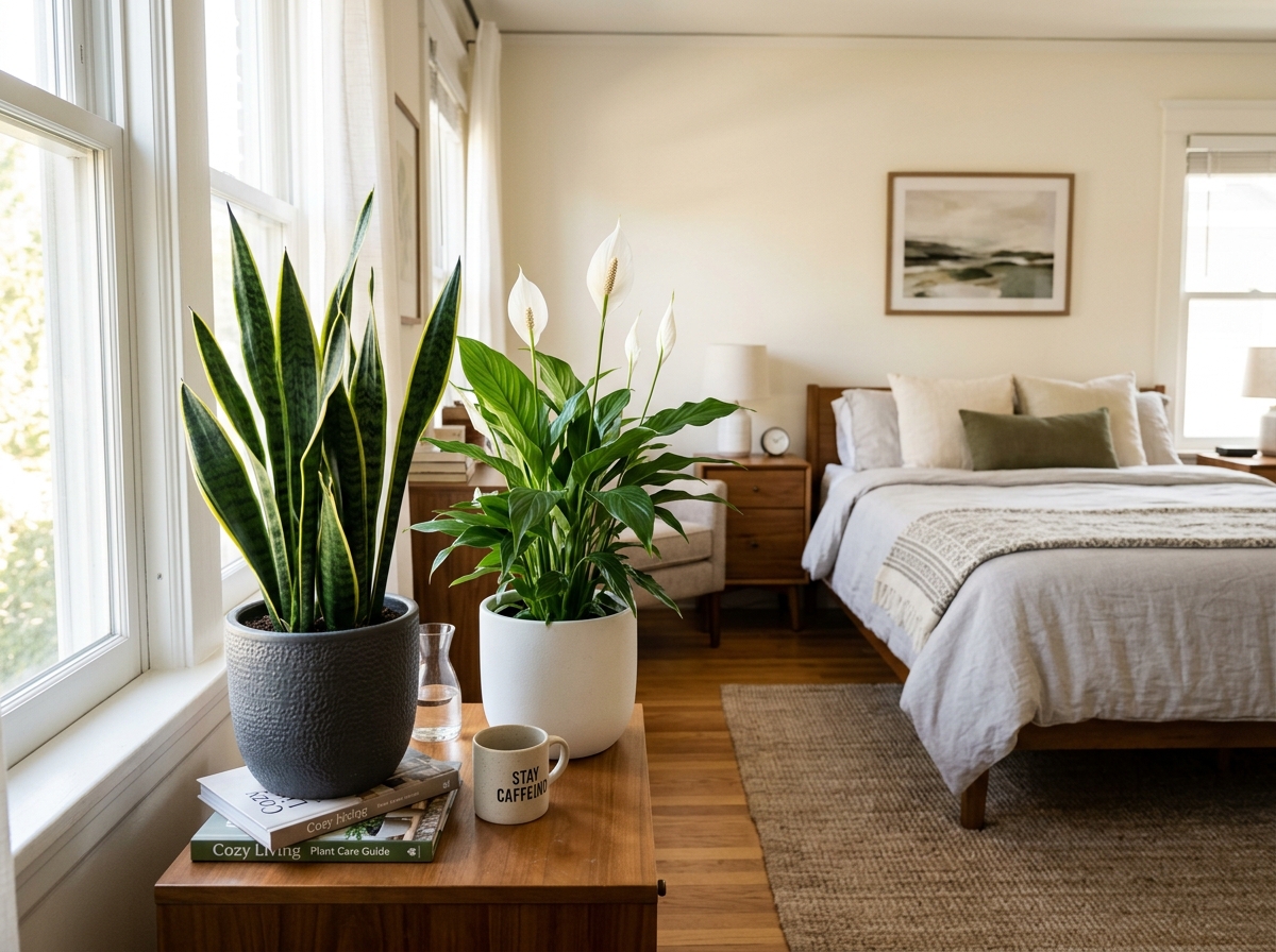 Snake Plant and Peace Lily in a bedroom setting - air purifier plants in hindi Snake Plant and Peace Lily in a bedroom setting - air purifier plants in hindi