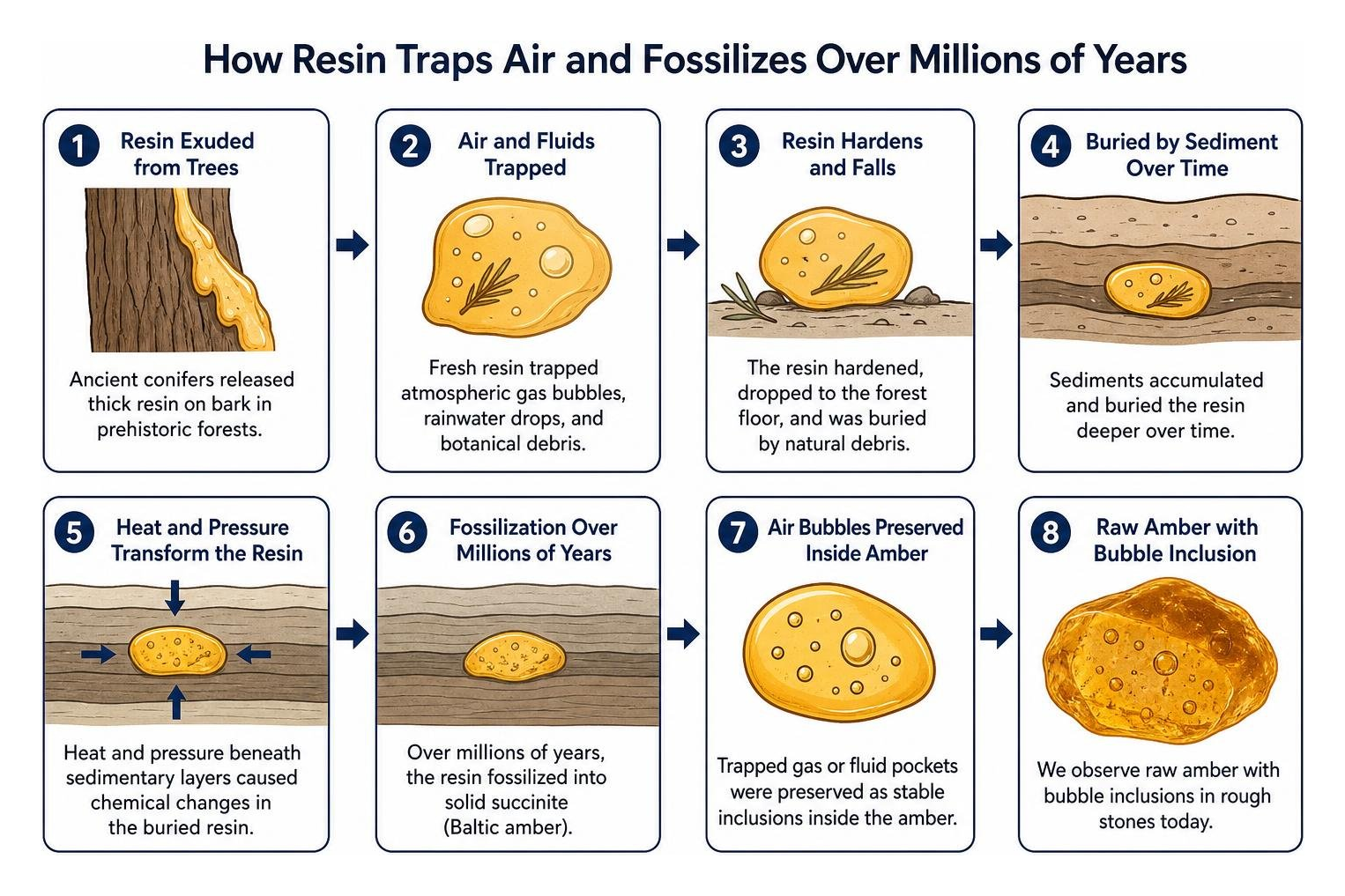 Step by step process of resin trapping air and fossilizing over millions of years Step by step process of resin trapping air and fossilizing over millions of years