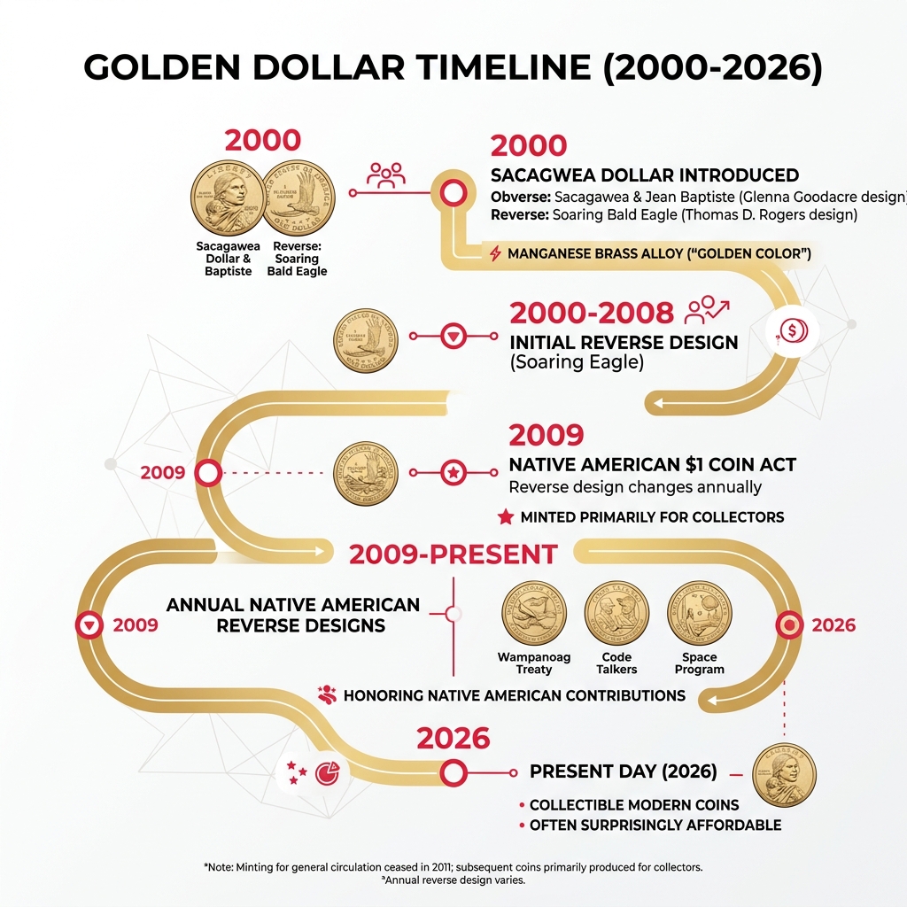 Golden Dollar timeline from 2000 to present showing design changes and key milestones - sacagawea dollar coins infographic 
