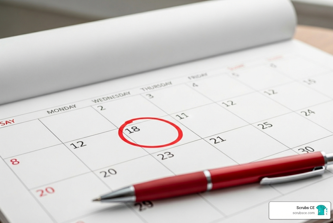 Image of a calendar with a license renewal date circled - Texas CE credits Image of a calendar with a license renewal date circled - Texas CE credits