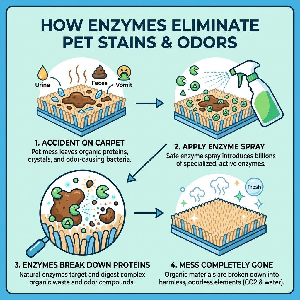 Infographic showing how enzymes digest organic proteins in pet stains step by step - safe pet enzyme spray infographic 