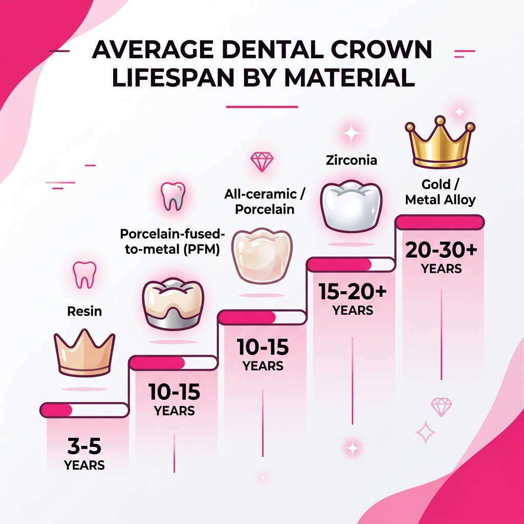 Infographic showing average dental crown lifespan by material type from resin to gold - how long crowns last infographic 