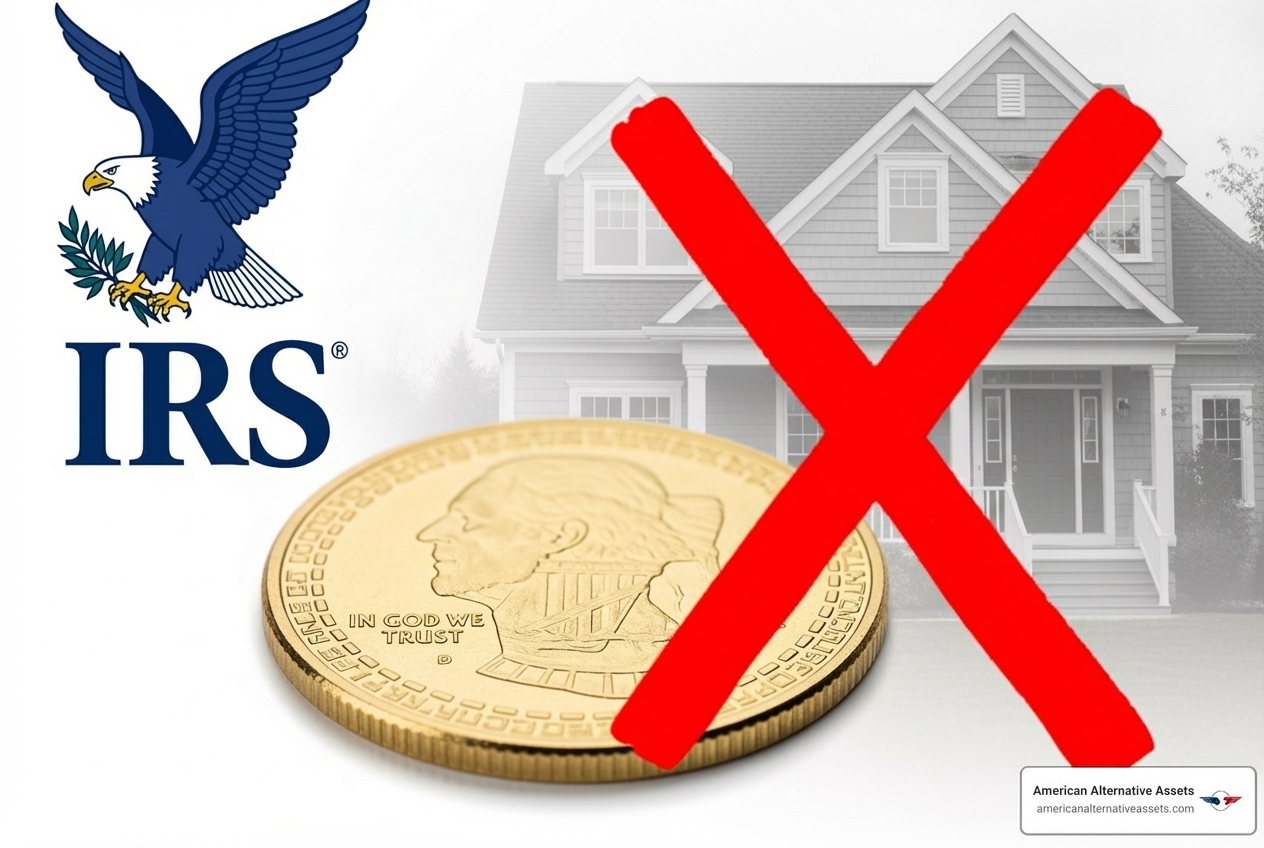 IRS logo with gold coin and red X over house - IRA gold storage