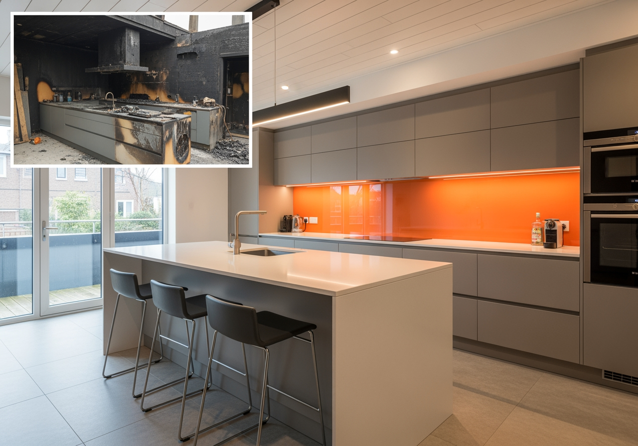 A beautifully renovated modern kitchen with a small "before" photo inserted - fire damaged homes for sale