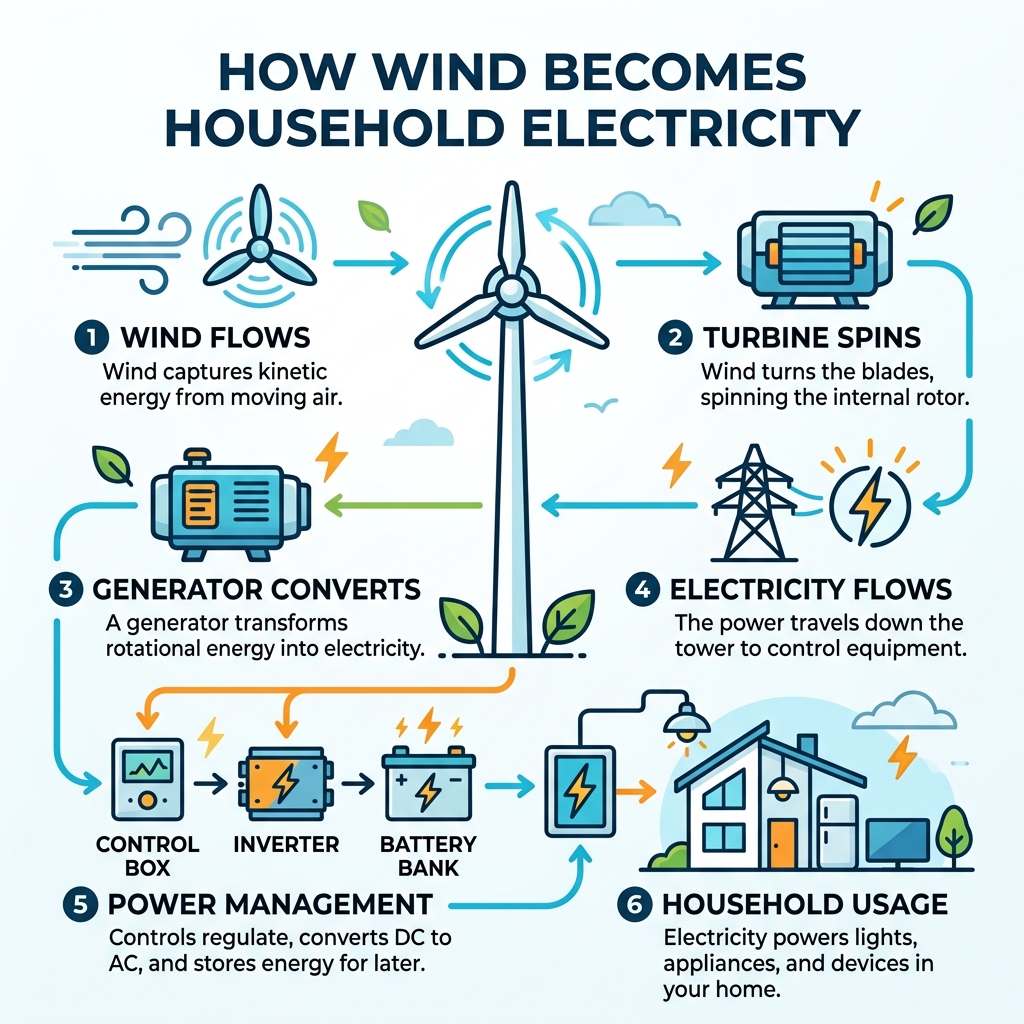 Infographic showing how wind kinetic energy converts to household electricity step by step - wind turbine home setup