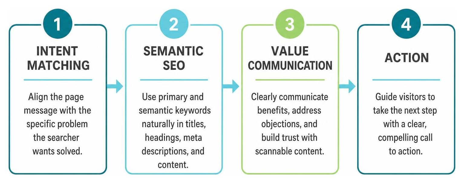 The search-to-conversion pipeline: intent matching, semantic SEO, value communication, action