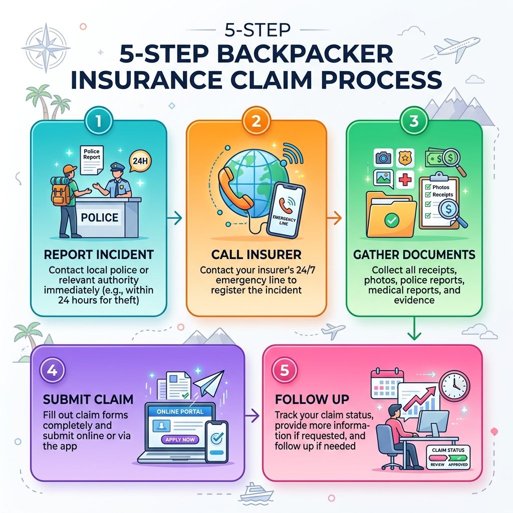 5-step backpacker insurance claim process infographic showing: report incident, call insurer, gather documents, submit