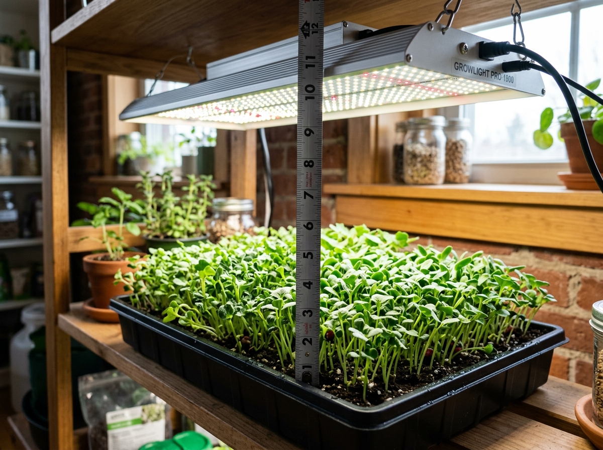 illustrating the 6-12 inch distance rule between light and canopy - lighting for microgreens