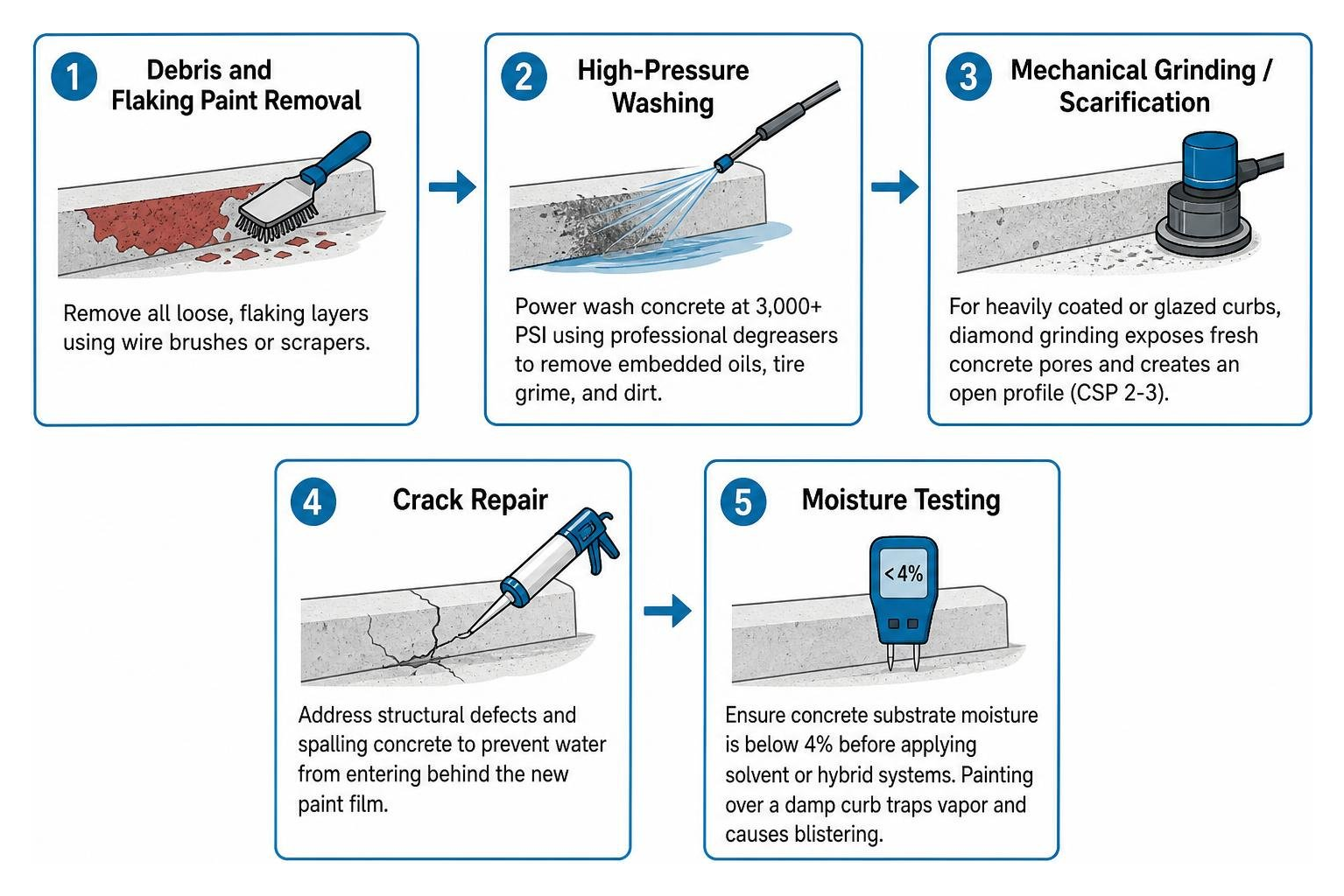 Step-by-step surface preparation process for curb painting Step-by-step surface preparation process for curb painting