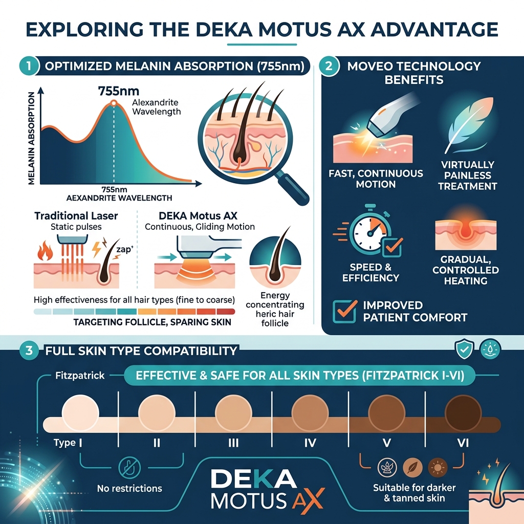 Infographic showing 755nm wavelength melanin absorption, Moveo technology benefits, and skin type compatibility for DEKA Infographic showing 755nm wavelength melanin absorption, Moveo technology benefits, and skin type compatibility for DEKA