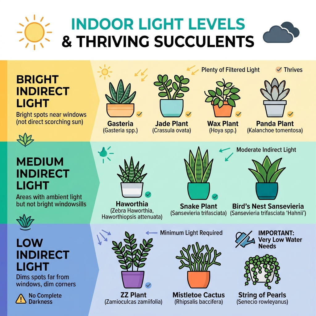 Infographic showing indoor light levels and which succulents thrive at each level - low light succulents for indoors