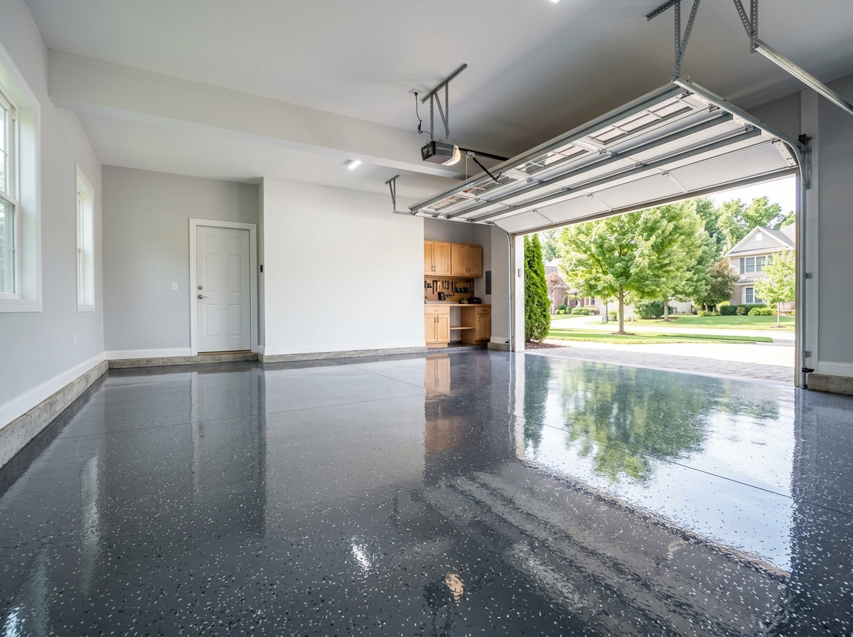 A finished garage floor with a high-gloss epoxy coating over a self-leveled base - best self leveling concrete for garage A finished garage floor with a high-gloss epoxy coating over a self-leveled base - best self leveling concrete for garage