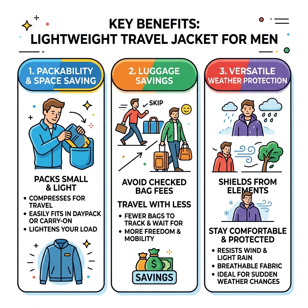 Infographic showing benefits of a lightweight travel jacket including packability, luggage savings, and versatile weather
