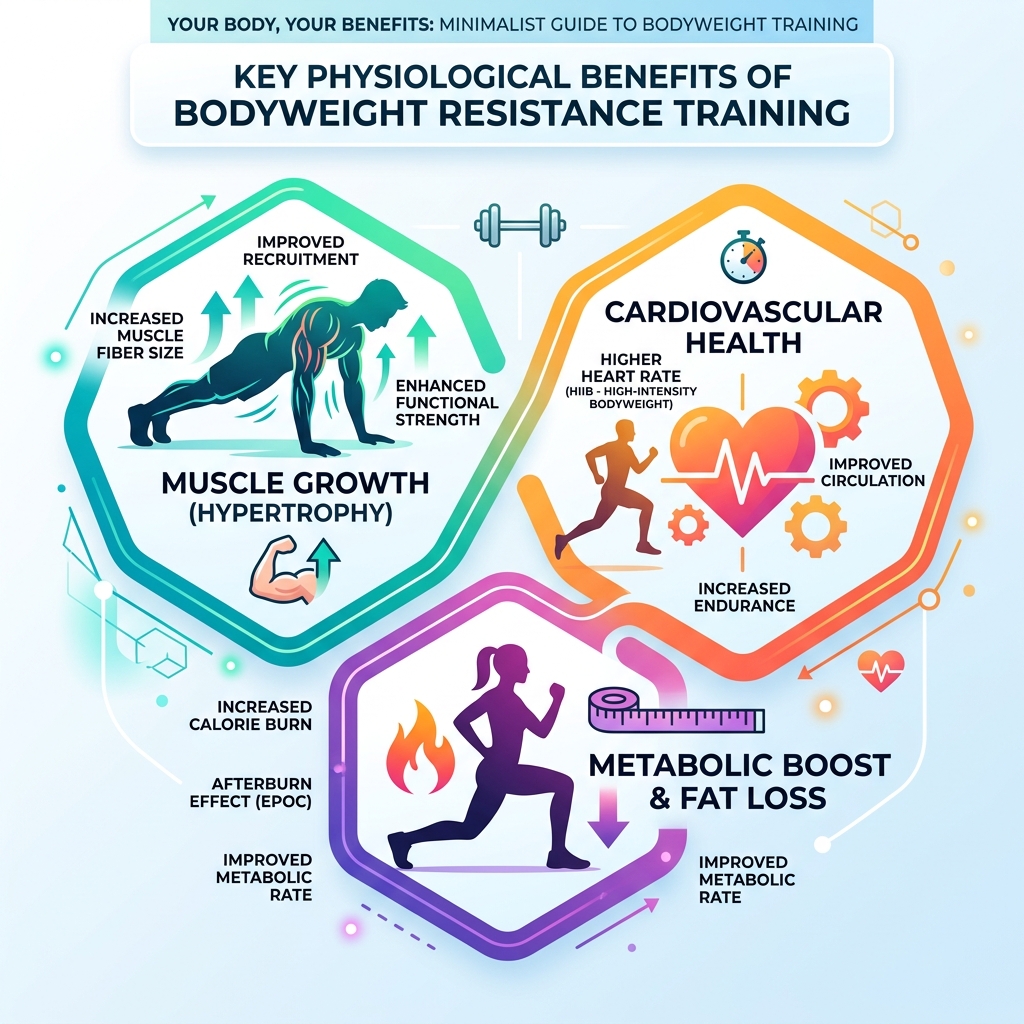 Infographic showing key physiological benefits of bodyweight resistance training including muscle growth, cardio health, and Infographic showing key physiological benefits of bodyweight resistance training including muscle growth, cardio health, and
