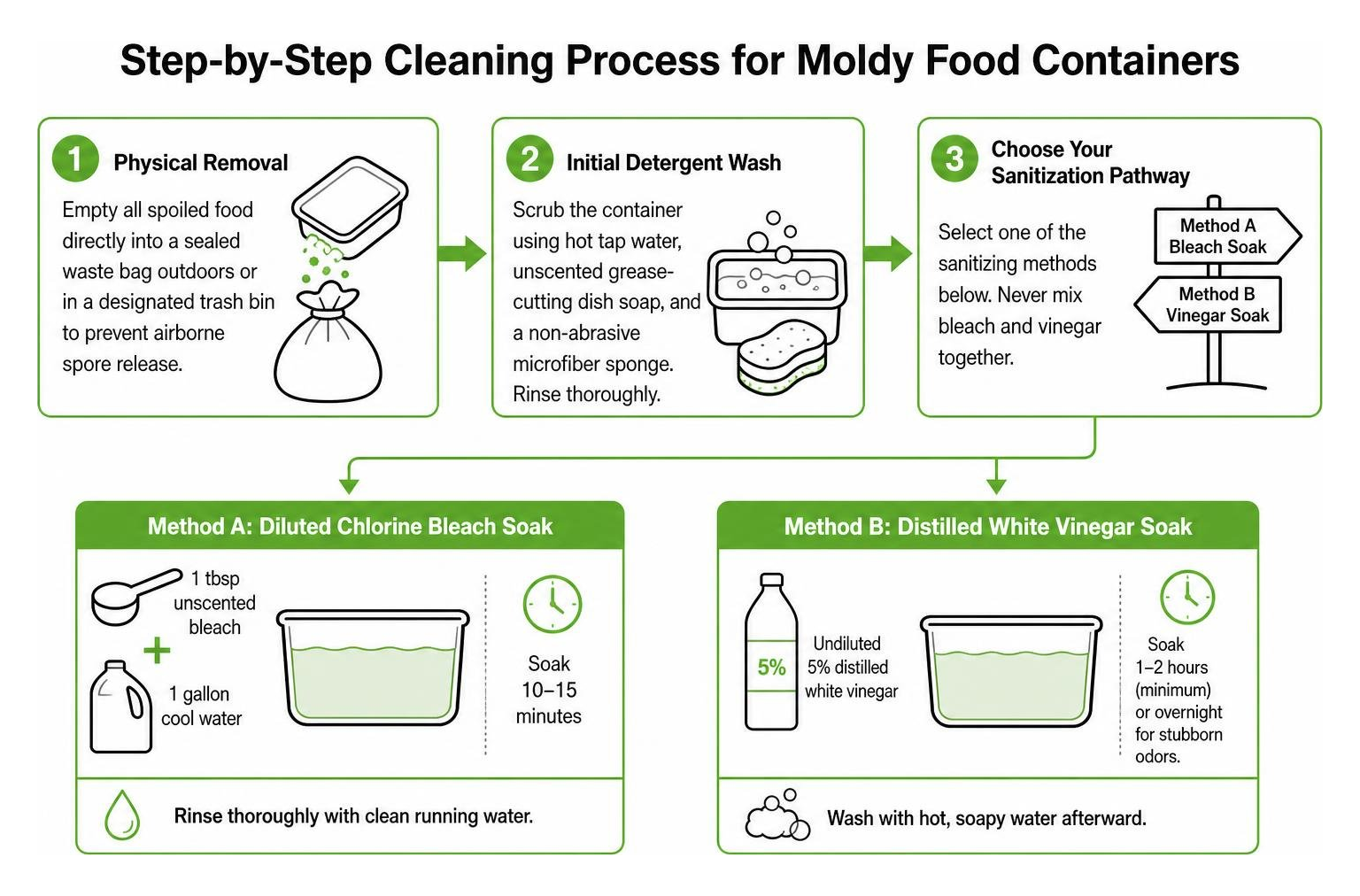 Step-by-step cleaning process for moldy food containers Step-by-step cleaning process for moldy food containers