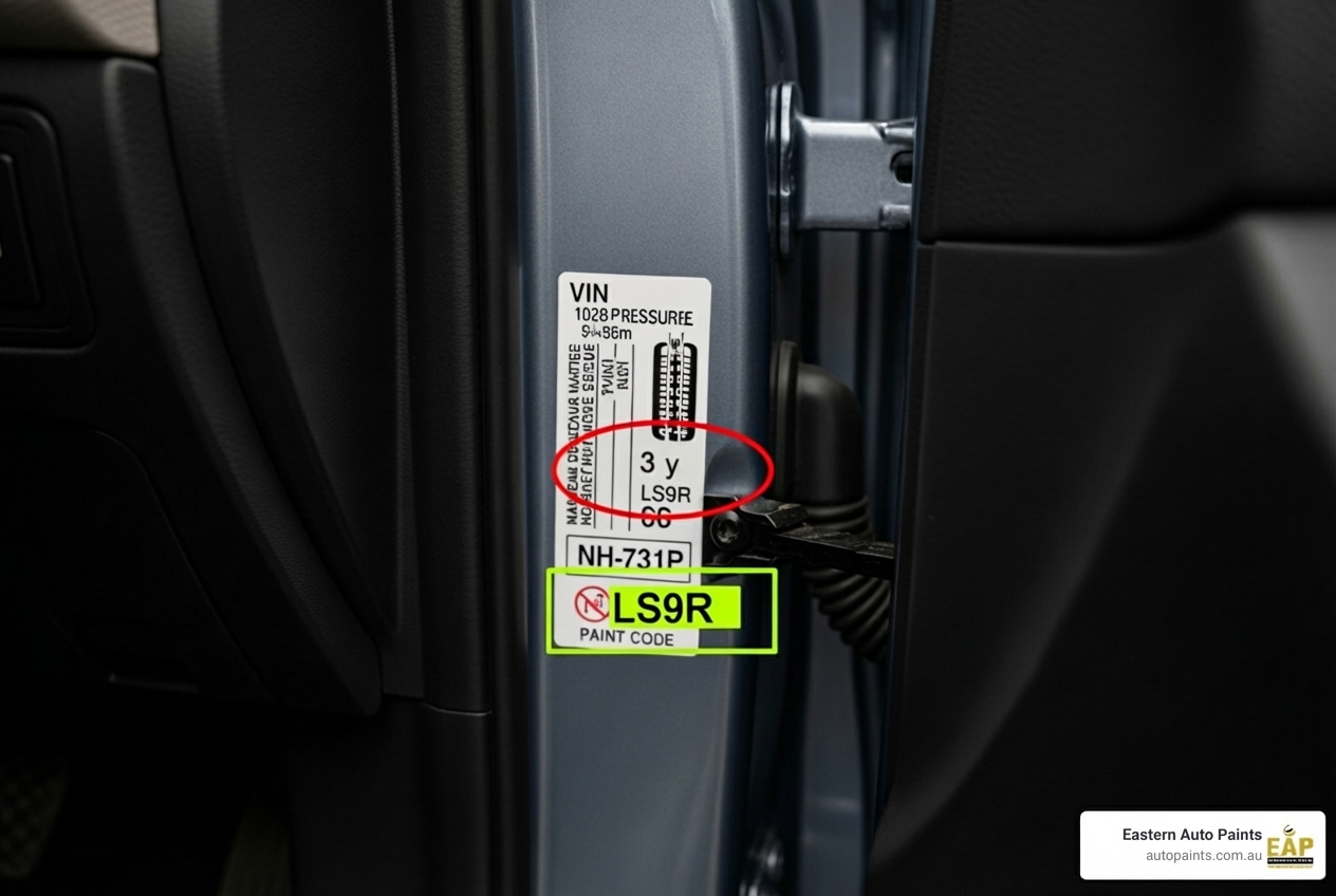 A close-up of a vehicle door jamb sticker with the paint code LS9R circled, demonstrating how to find a code for Car paint colour matching.