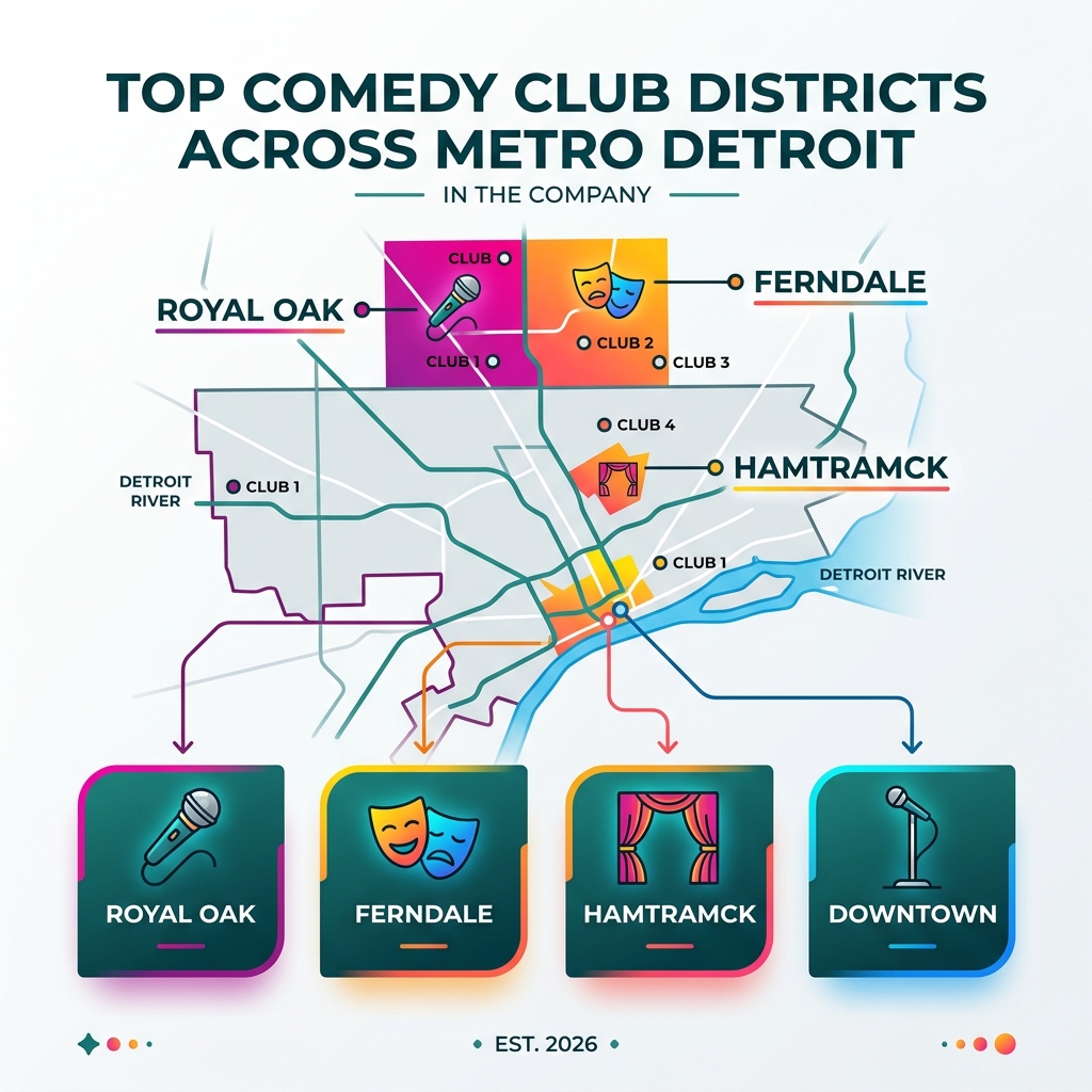 Map infographic of top comedy club districts across Metro Detroit including Royal Oak, Ferndale, Hamtramck, and Downtown