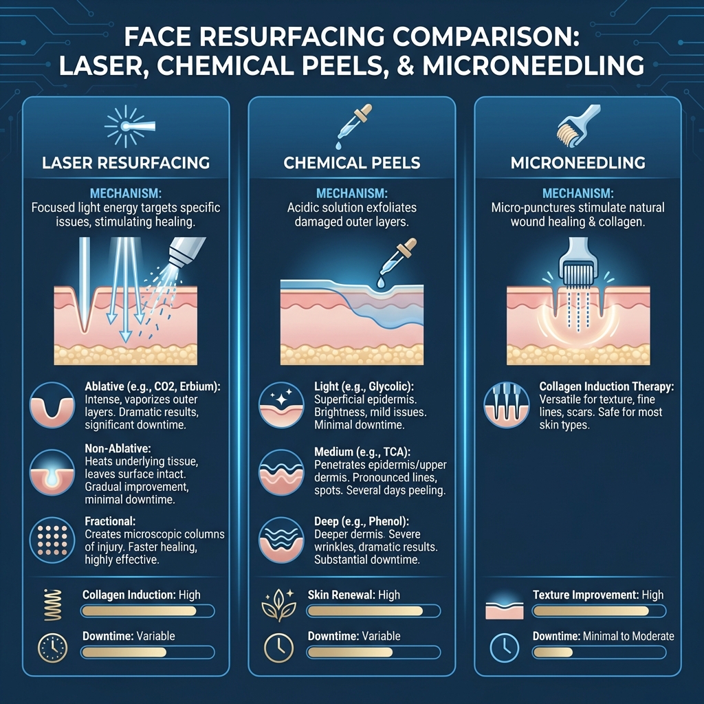 Comparison of Laser, Chemical Peels, and Microneedling - best face resurfacing treatment infographic 
