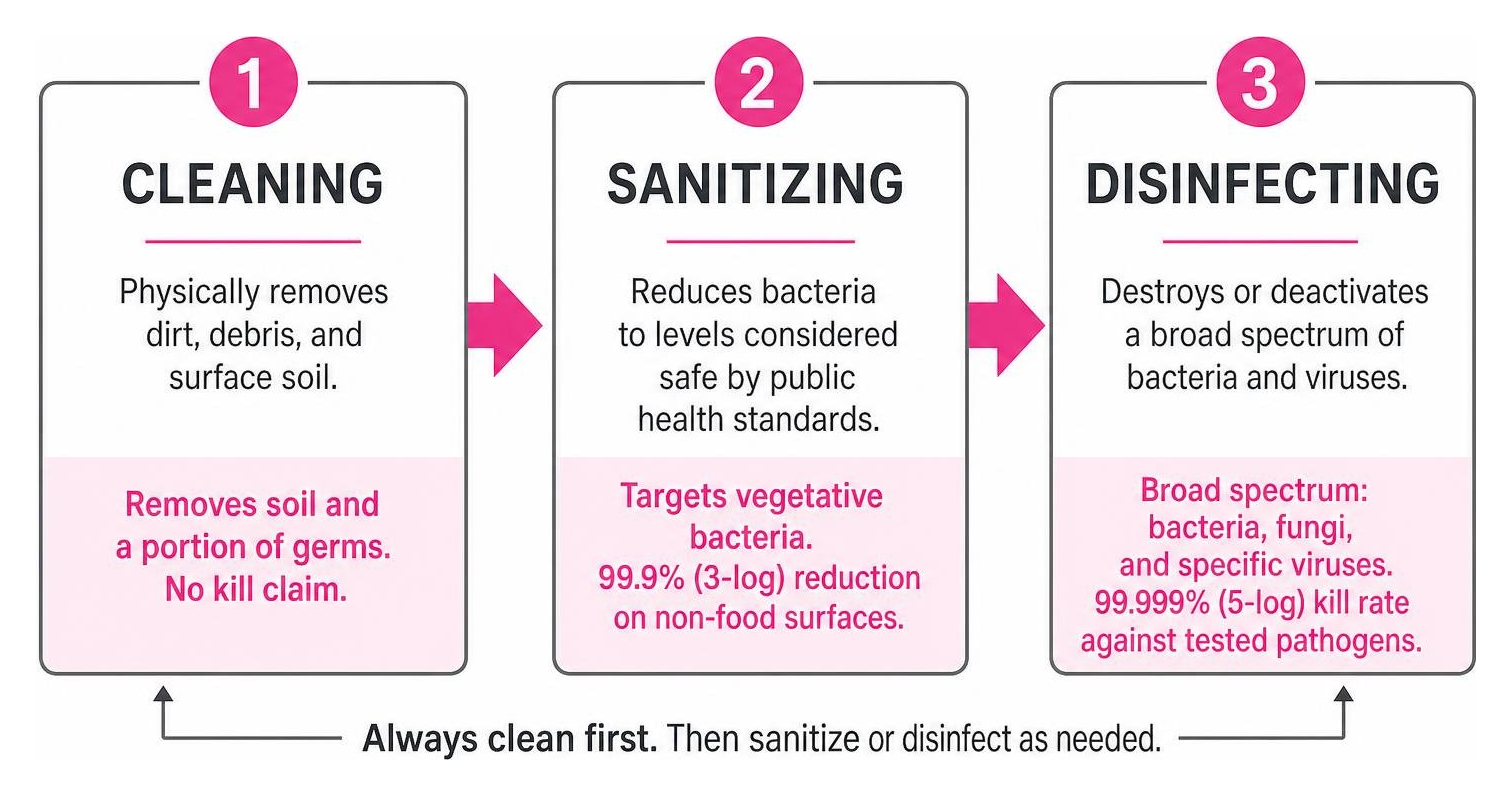diagram showing the sequential hierarchy from cleaning to sanitizing to disinfecting diagram showing the sequential hierarchy from cleaning to sanitizing to disinfecting