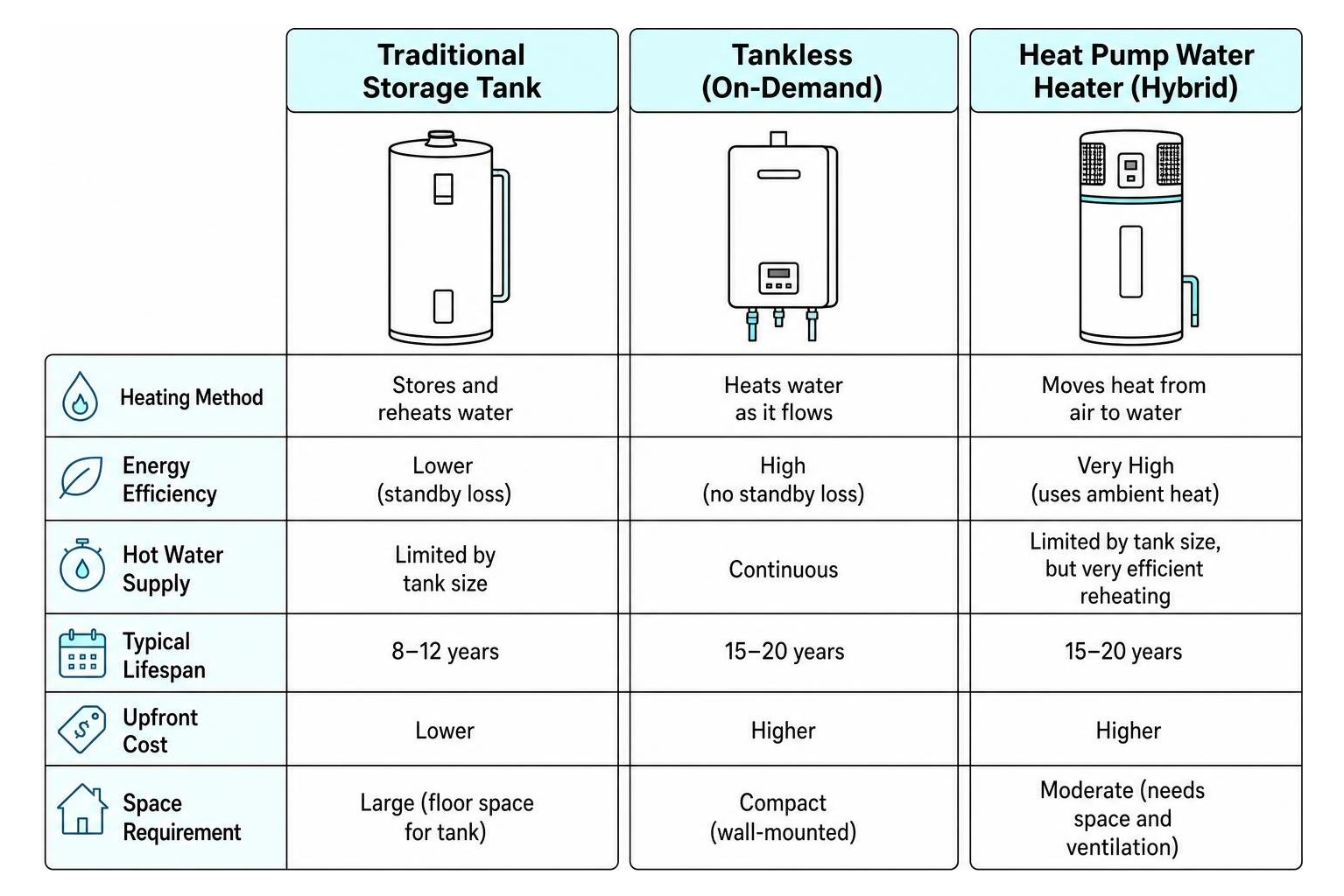 comparison of storage tanks, tankless units, and heat pump water heaters