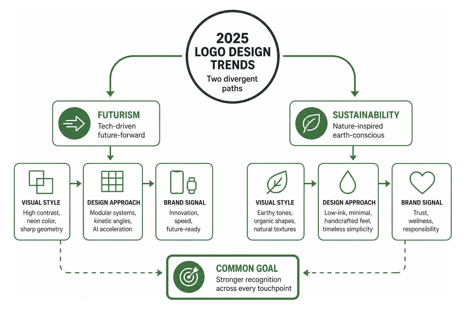Comparison diagram showing the divergent paths of futurism and sustainability in logo design Comparison diagram showing the divergent paths of futurism and sustainability in logo design