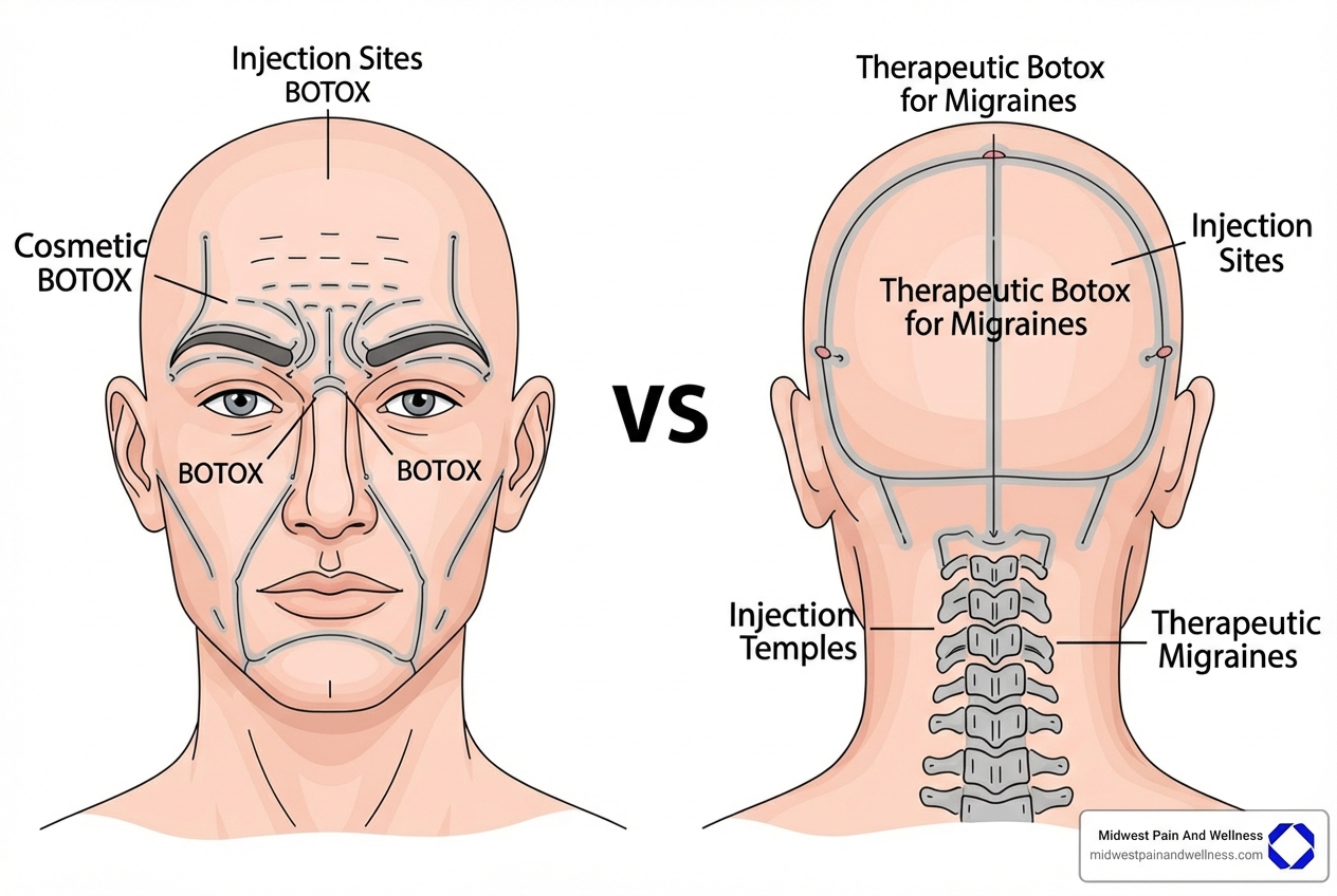 Illustration of Botox injection sites for cosmetic use (forehead and around eyes) compared to therapeutic use for migraines (forehead, temples, back of head, neck, and shoulders). - botox for migraines oak lawn