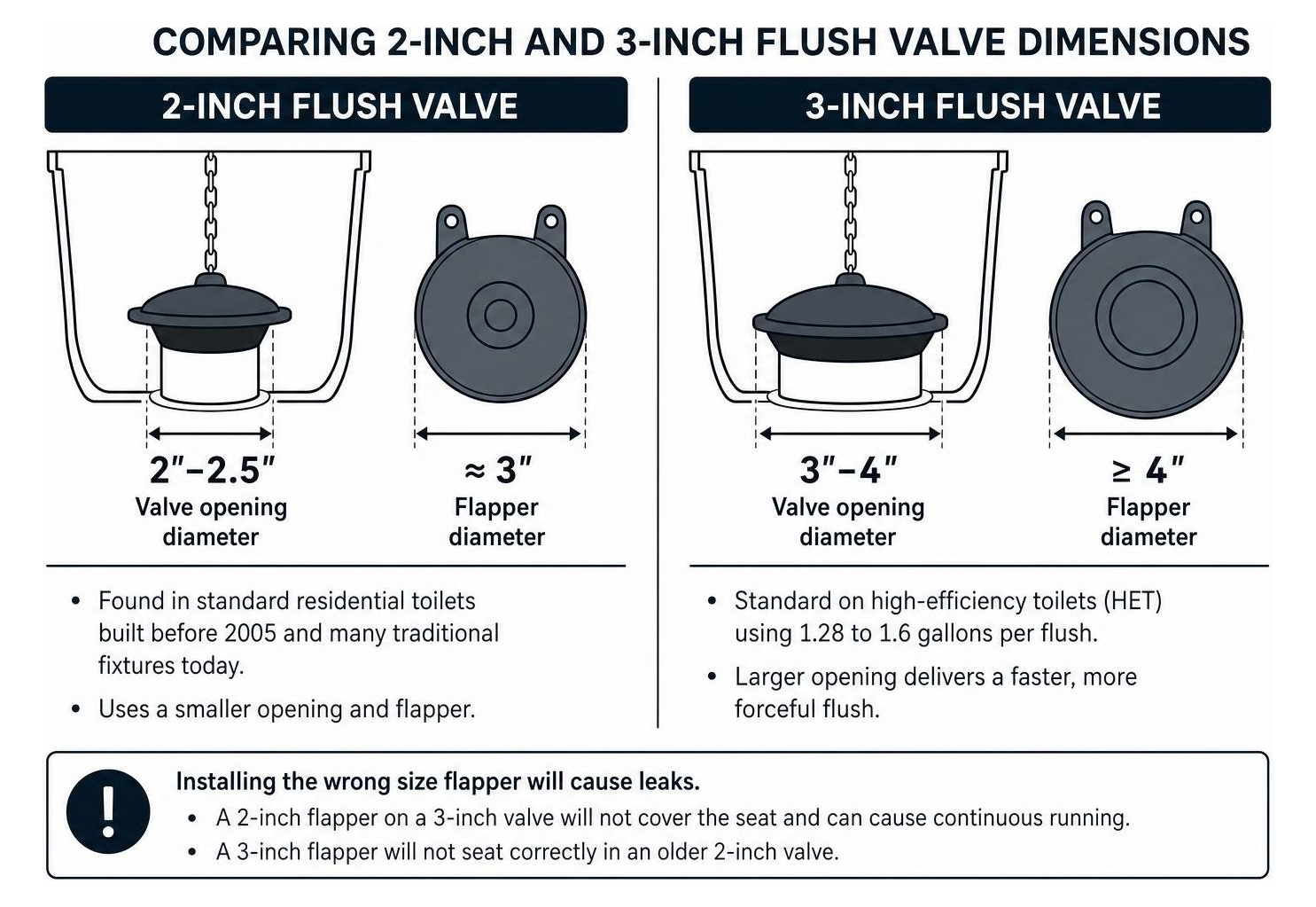 Comparing 2-inch and 3-inch flush valve dimensions Comparing 2-inch and 3-inch flush valve dimensions