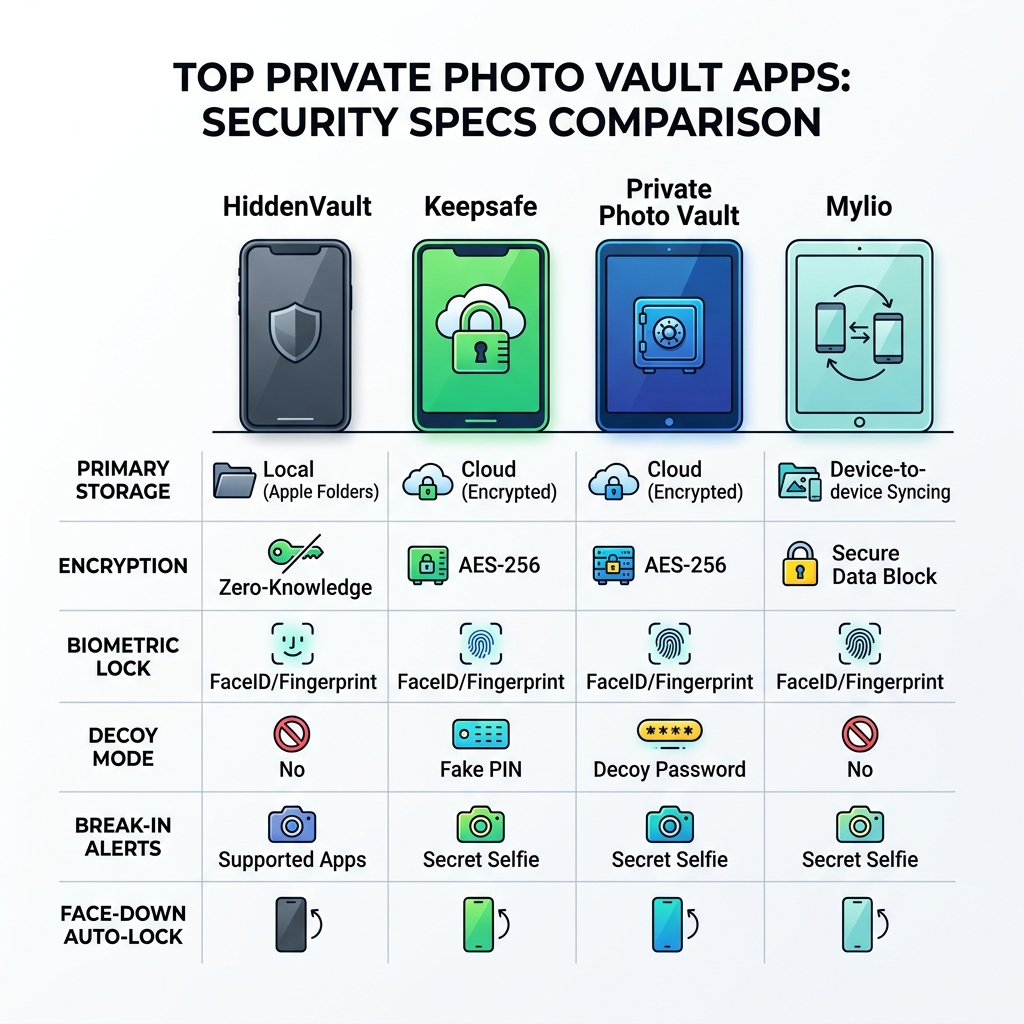 comparison table of private photo vault apps and their security specs - best app for storing private photos infographic 