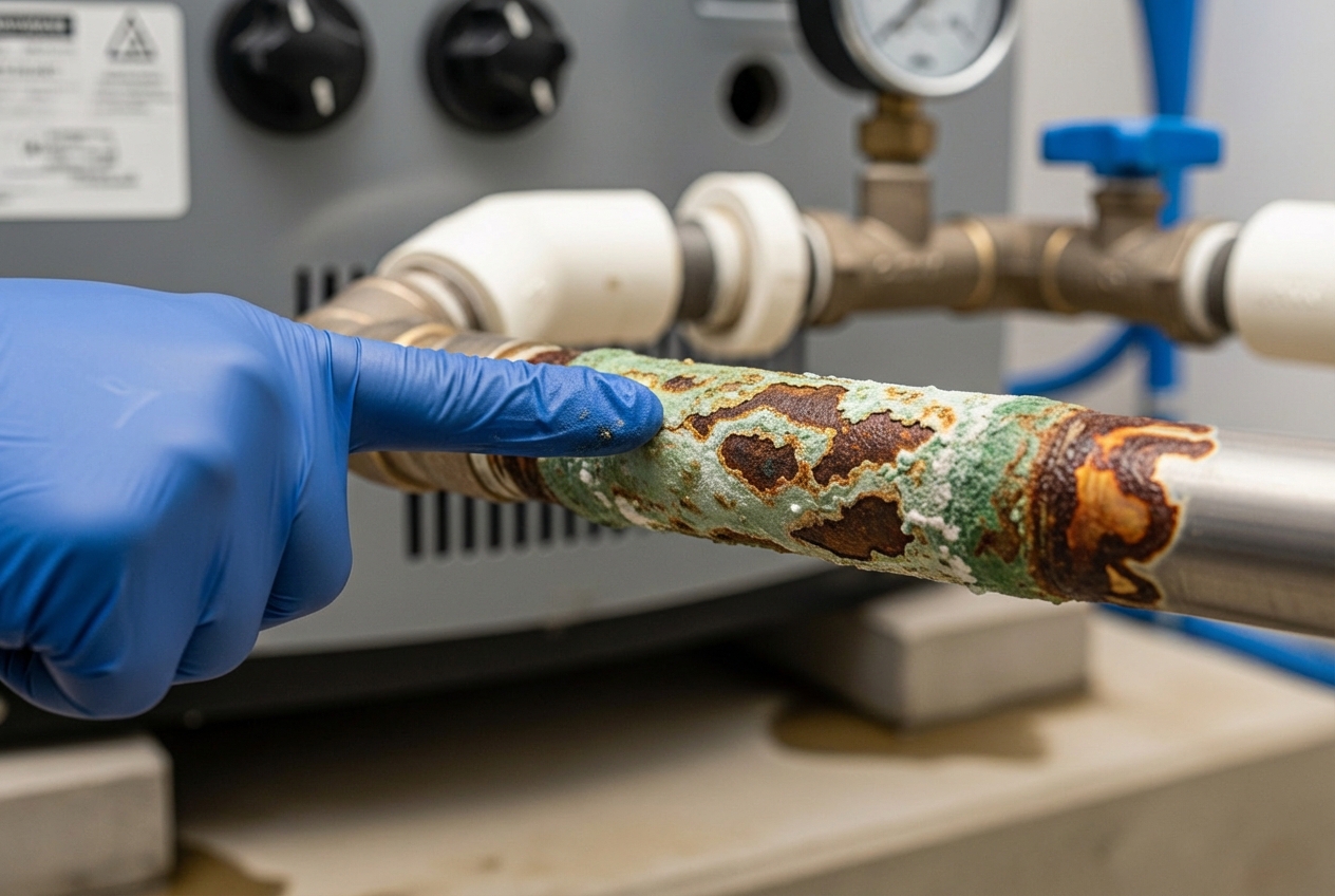 technician's hand pointing to a corroded pipe on a pool heater unit - pool heater repair and maintenance services in gainesville technician's hand pointing to a corroded pipe on a pool heater unit - pool heater repair and maintenance services in gainesville