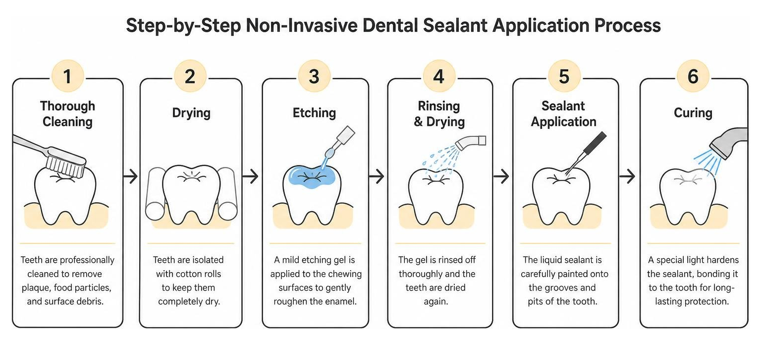 Step-by-step non-invasive dental sealant application process