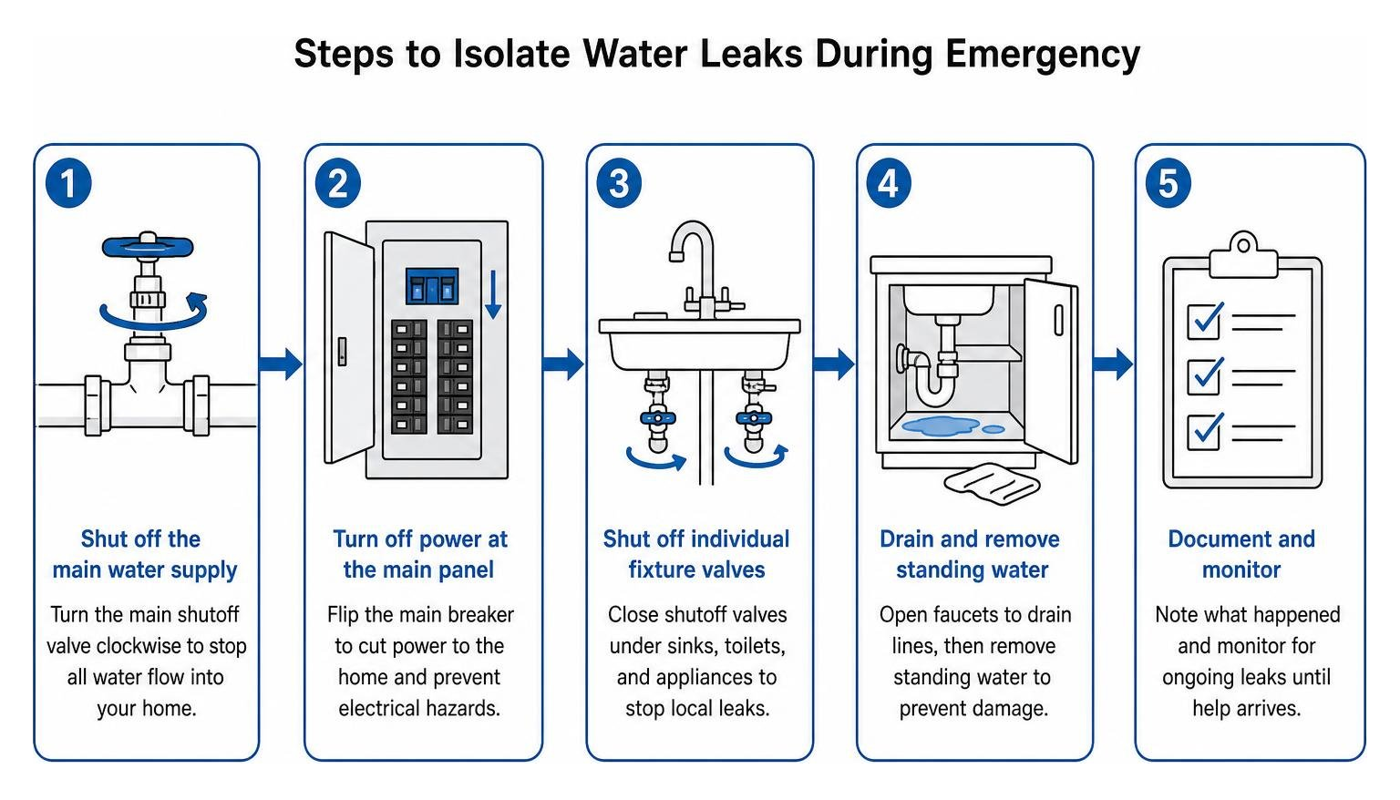 Diagram showing steps to isolate water leaks during emergency Diagram showing steps to isolate water leaks during emergency