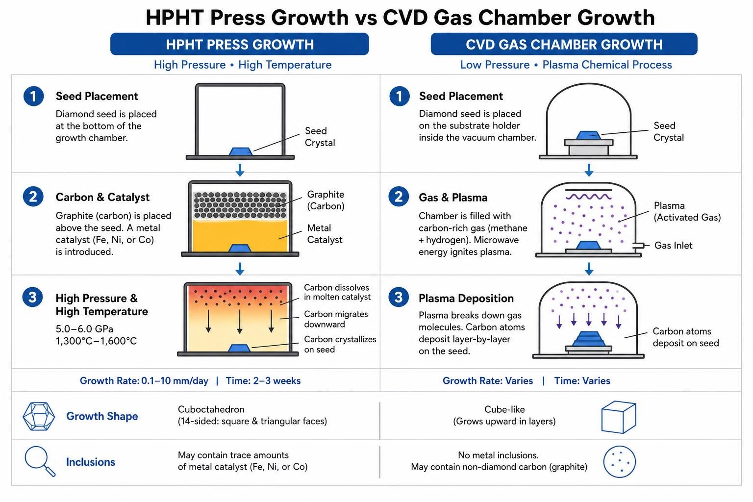 Diagram comparing HPHT press growth vs CVD gas chamber growth step-by-step Diagram comparing HPHT press growth vs CVD gas chamber growth step-by-step