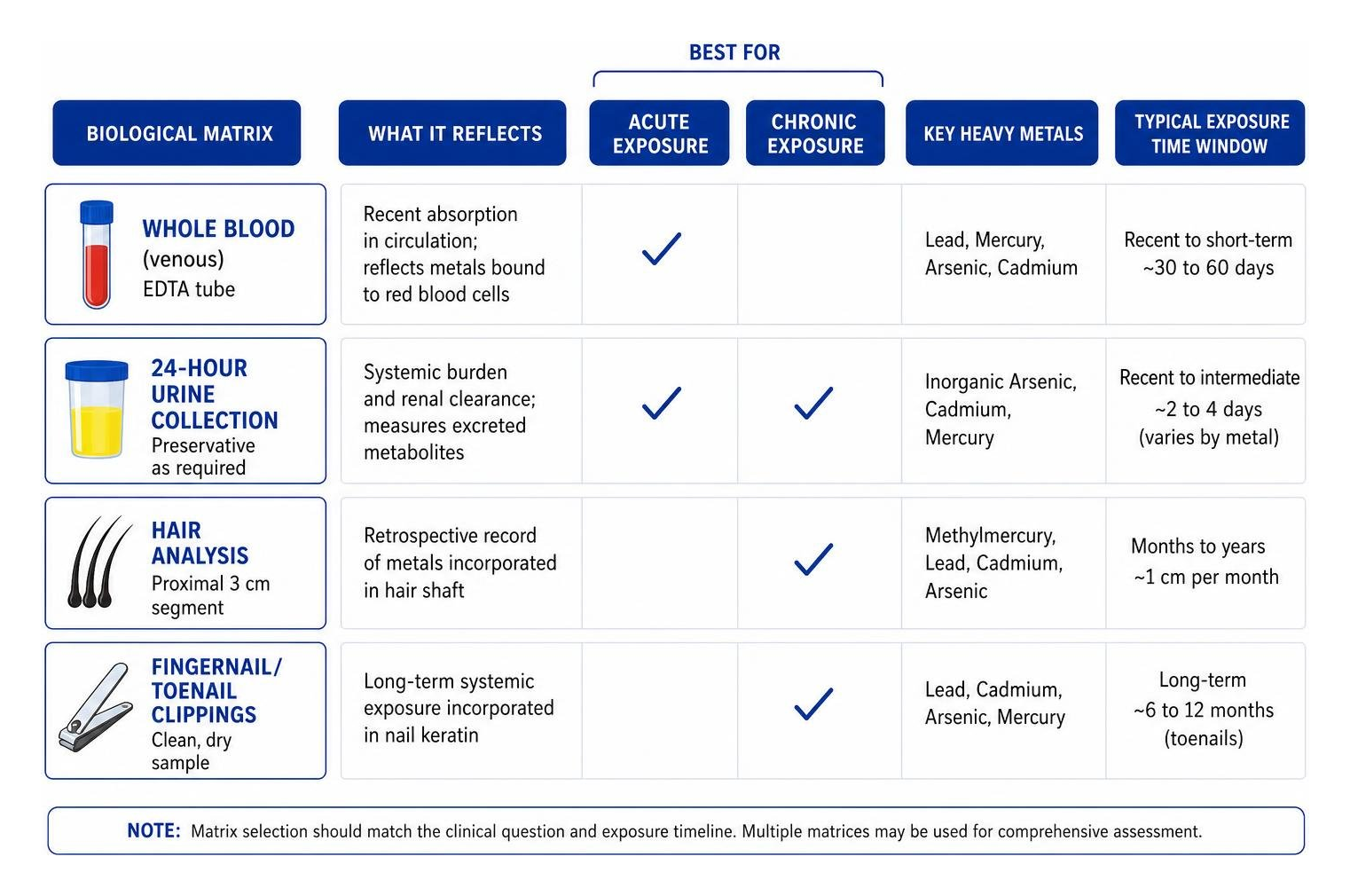 Comparison of biological sample matrices for acute vs chronic heavy metal exposure
