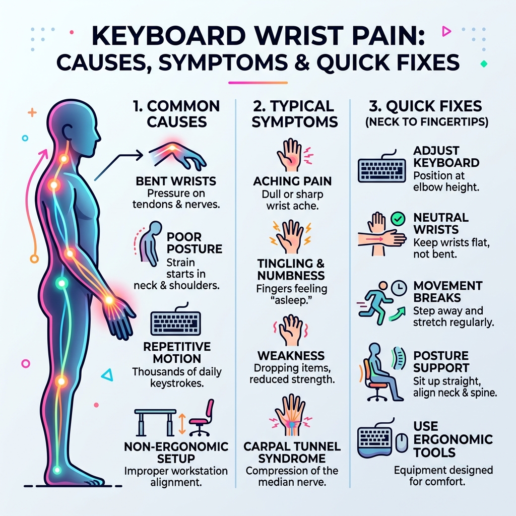 infographic showing keyboard wrist pain causes symptoms and quick fixes from neck to fingertips - keyboard wrist pain