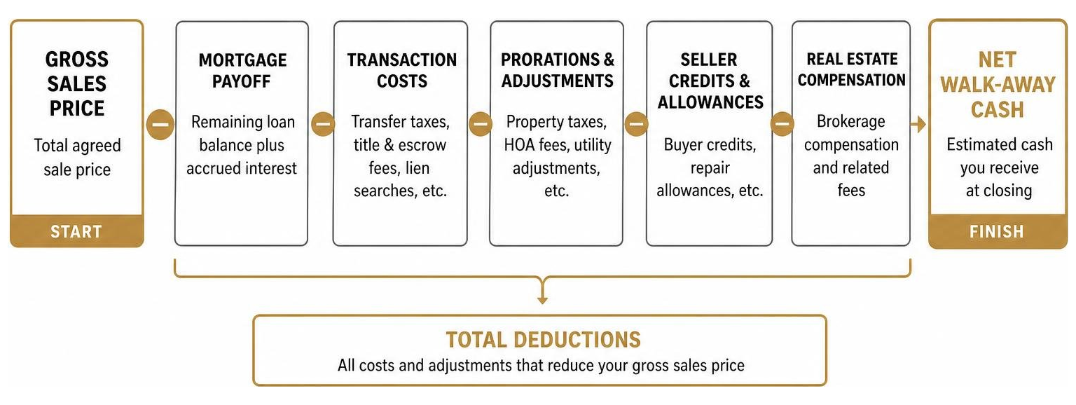 Process flow diagram showing how gross sales price translates to seller net walk-away cash