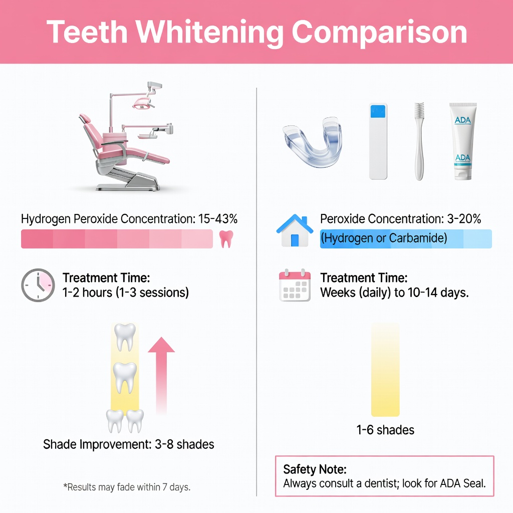 infographic comparing peroxide concentration, treatment time, and shade improvement - teeth whitening infographic 