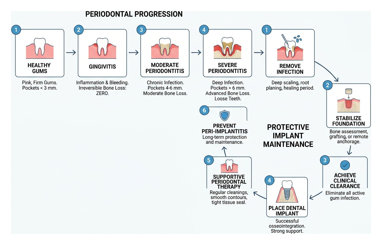 Diagram showing progression from healthy gums to periodontitis and protective implant maintenance steps