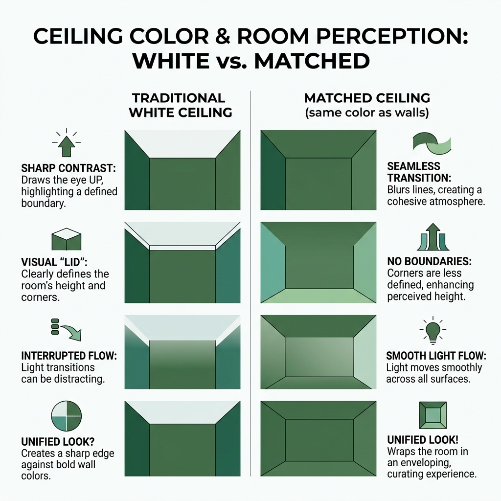 Table comparing white ceilings vs matched ceilings for room perception - painting ceiling same color as walls infographic 