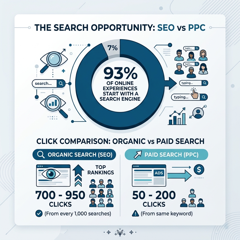 Infographic showing 93% of online experiences start with search engines and SEO vs PPC click comparison - SEO agency Sunrise Infographic comparing SEO and PPC, highlighting that 93% of online experiences start with a search engine, and detailing click statistics: 700-950 clicks from organic search versus 50-200 clicks from paid search.