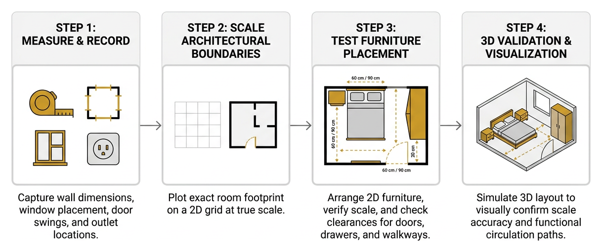 Step by step bedroom planning process from measurement to 3D validation