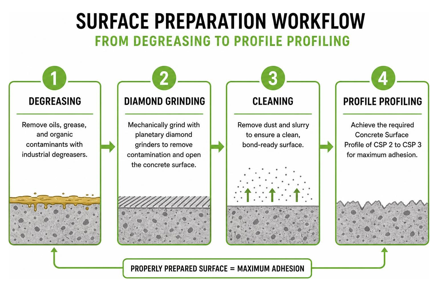 Surface preparation workflow from degreasing to profile profiling