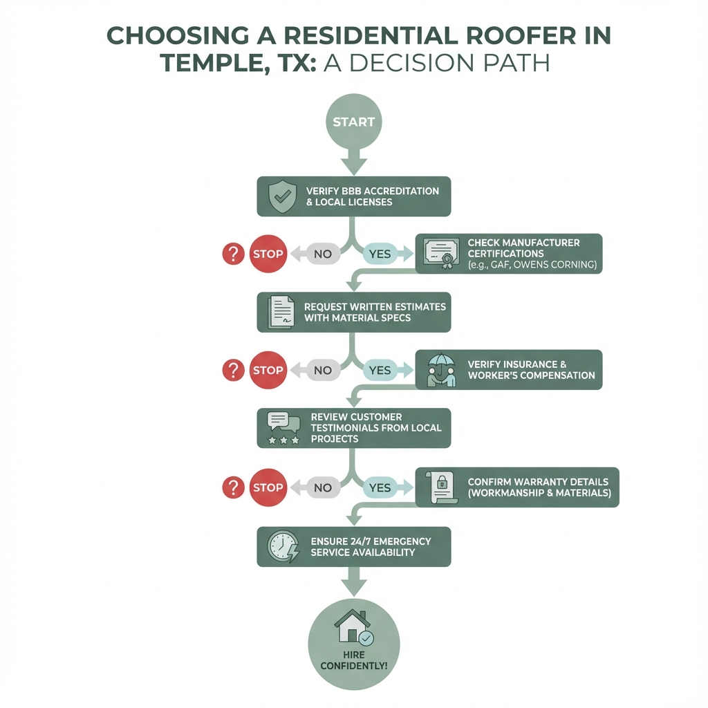 Infographic showing a decision tree for choosing a residential roofer in Temple TX: Start with verifying BBB accreditation and local licenses, check for manufacturer certifications like GAF or Owens Corning, request written estimates with material specifications, verify insurance coverage and worker's compensation, review customer testimonials from local projects, confirm warranty details for both workmanship and materials, and ensure 24/7 emergency service availability - residential roofing temple tx infographic 