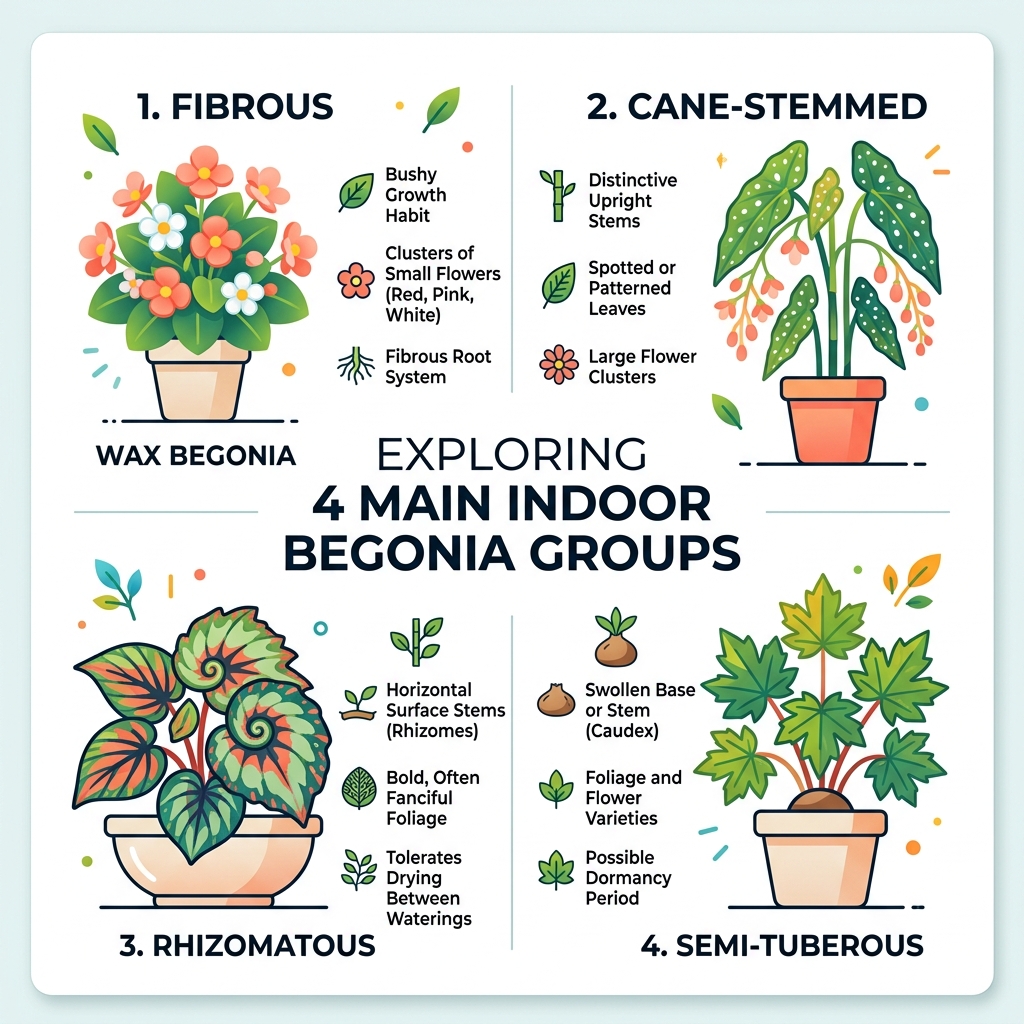 Infographic showing four main indoor begonia groups: fibrous, cane-stemmed, rhizomatous, semi-tuberous - begonia care indoor