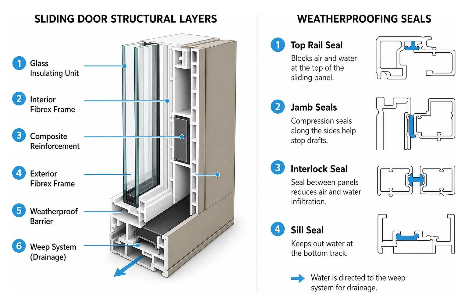 Sliding door structural layers and weatherproofing seals Sliding door structural layers and weatherproofing seals
