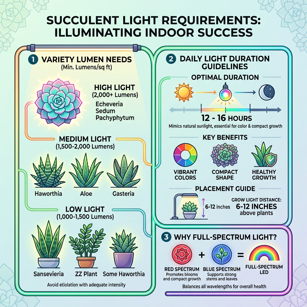 Infographic showing succulent light requirements, lumens by variety, and daily light duration guidelines - beginner Infographic showing succulent light requirements, lumens by variety, and daily light duration guidelines - beginner