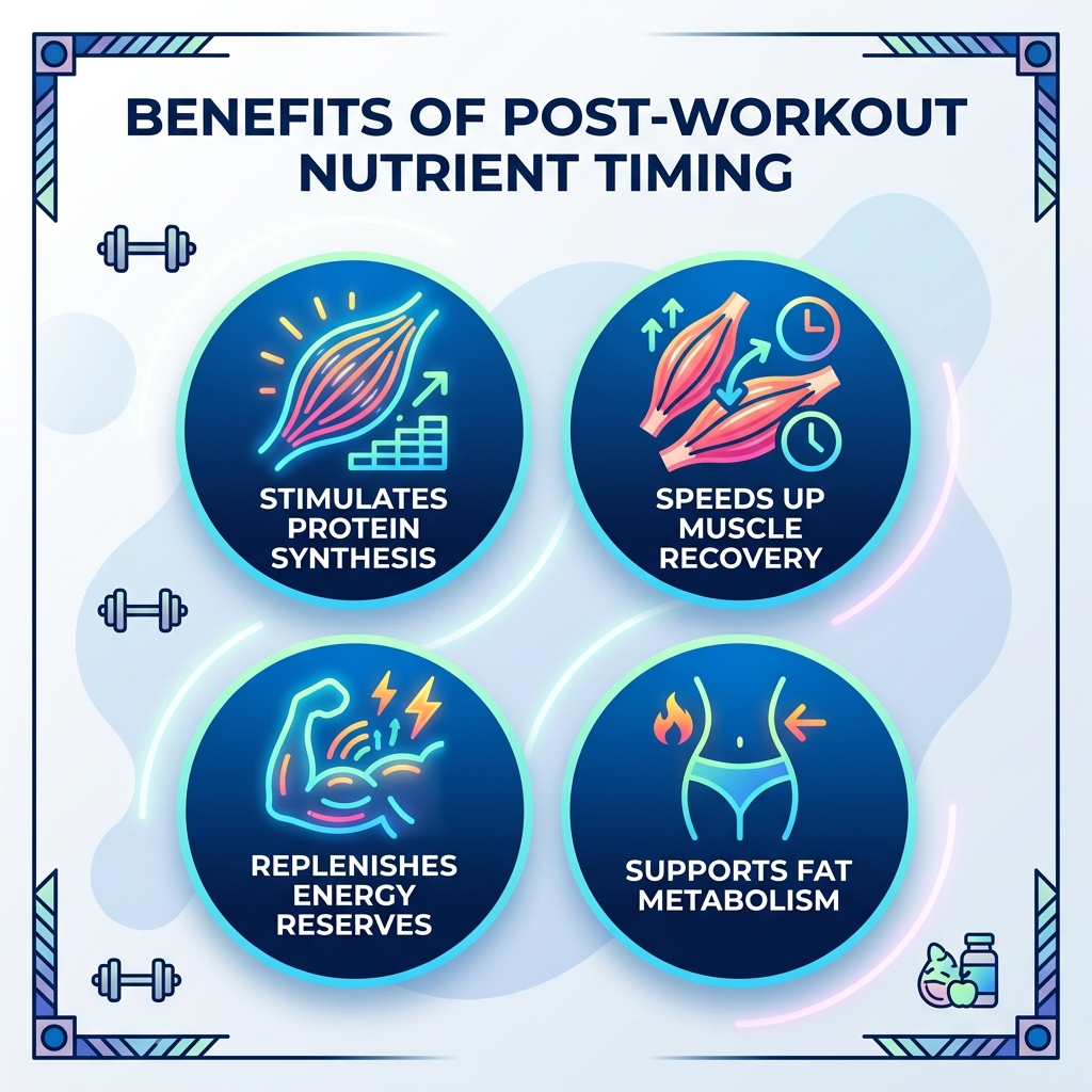 Infographic showing benefits of post-workout nutrient timing: protein synthesis, muscle recovery, energy replenishment, and Infographic showing benefits of post-workout nutrient timing: protein synthesis, muscle recovery, energy replenishment, and