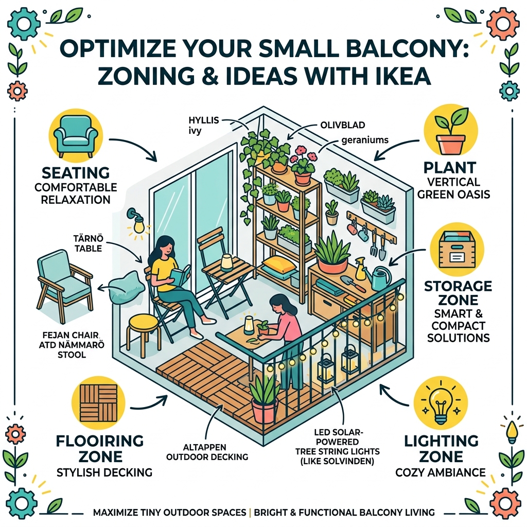 Small balcony IKEA zoning infographic showing seating, storage, plants, flooring, and lighting zones - small balcony ideas