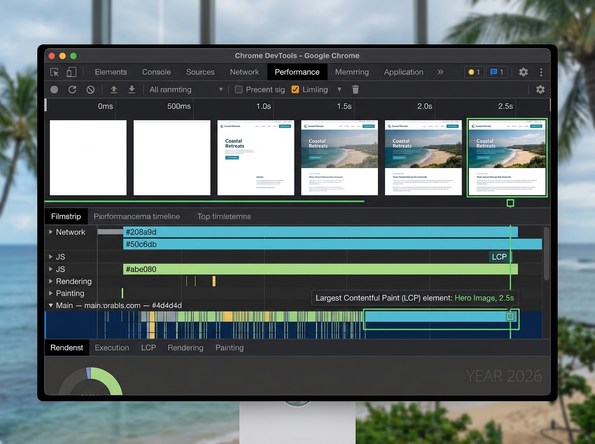 Identifying the LCP element in a filmstrip view showing load stages from 0 to 2.5 seconds - core web vitals optimization Identifying the LCP element in a filmstrip view showing load stages from 0 to 2.5 seconds - core web vitals optimization