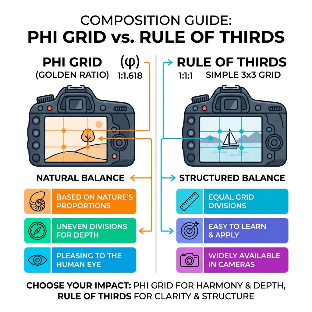 Infographic comparing the Golden Ratio phi grid versus the Rule of Thirds grid with key differences - golden ratio in