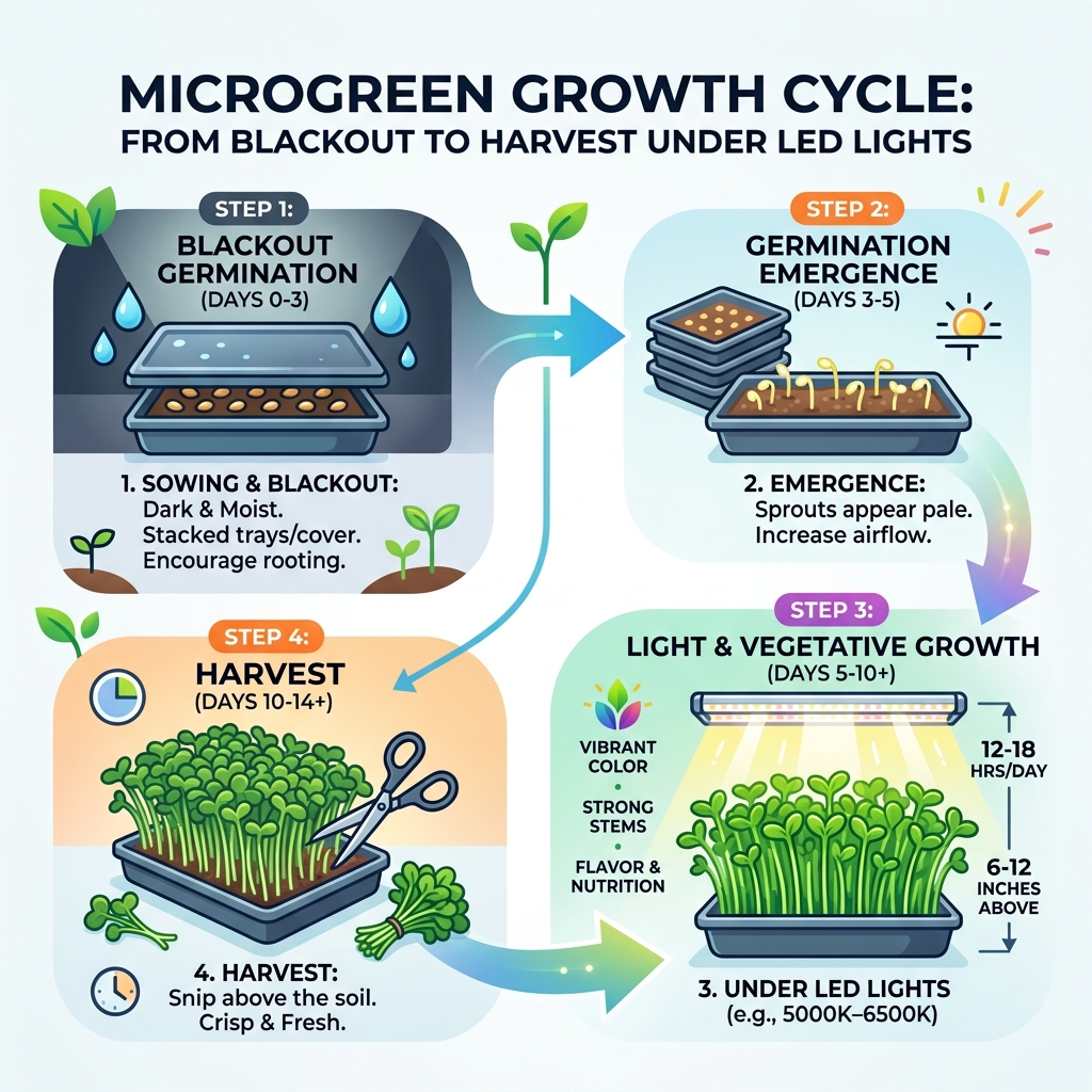 Microgreen growth cycle from blackout germination phase to harvest under LED lights - best lights to grow microgreens